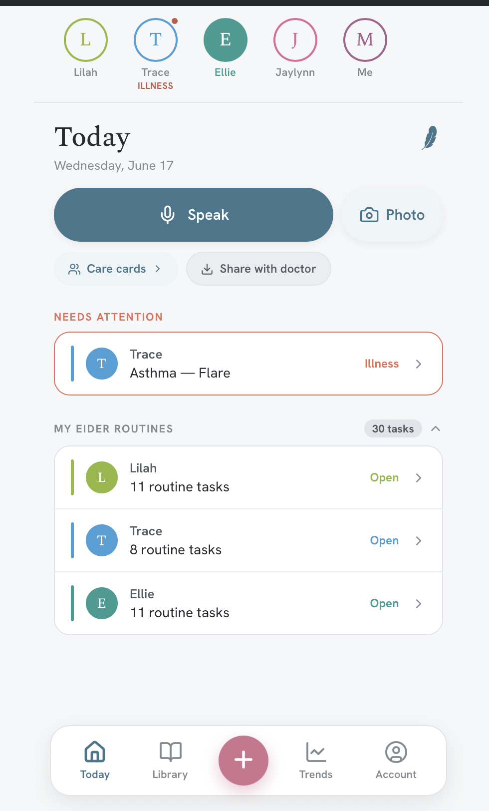The Eider Today screen — profile toggles for each child, Speak and Photo logging, the needs-attention card, and MyEider routines.